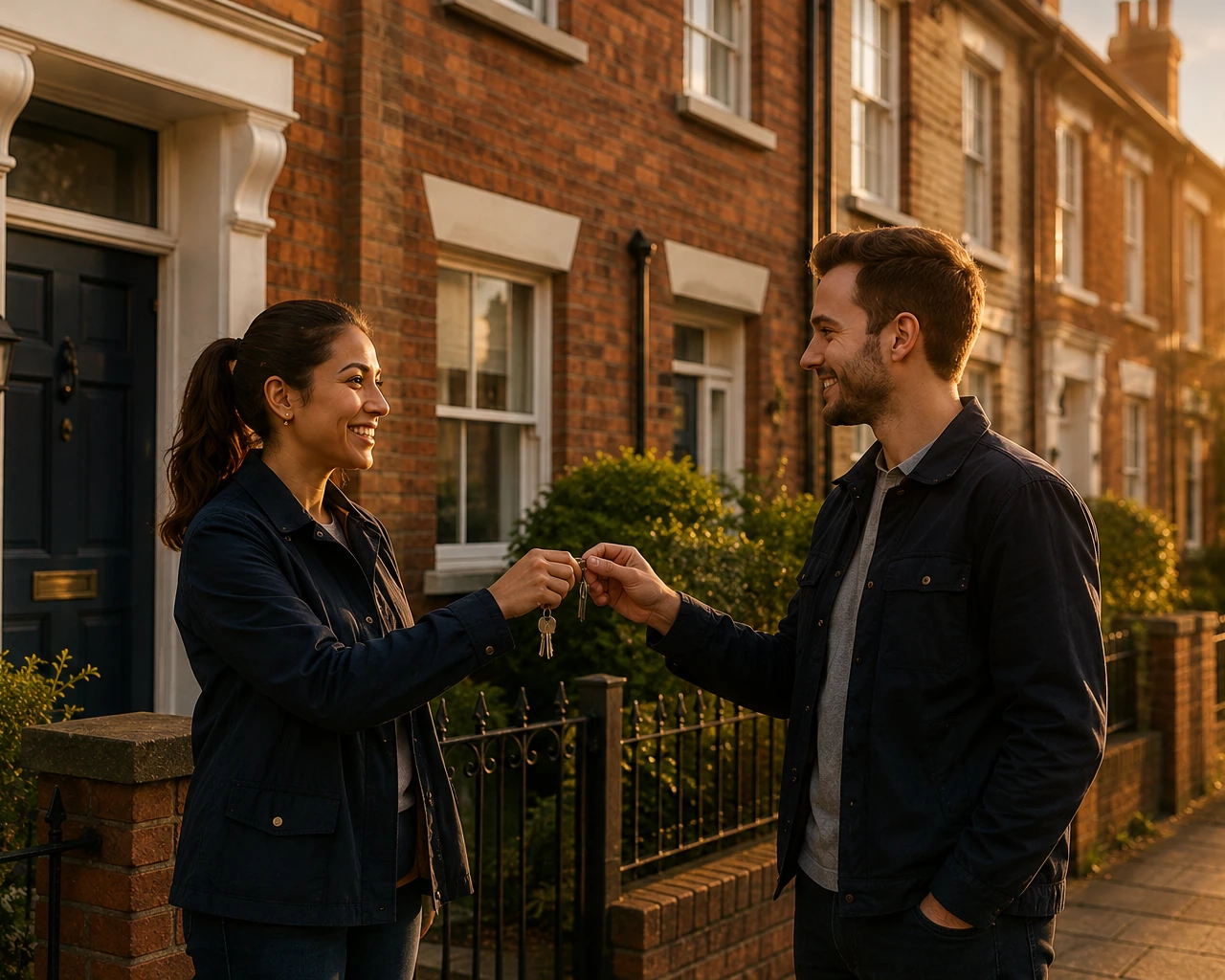 A woman handing a set of keys to a man on the pavement outside a brick terrace at sunset