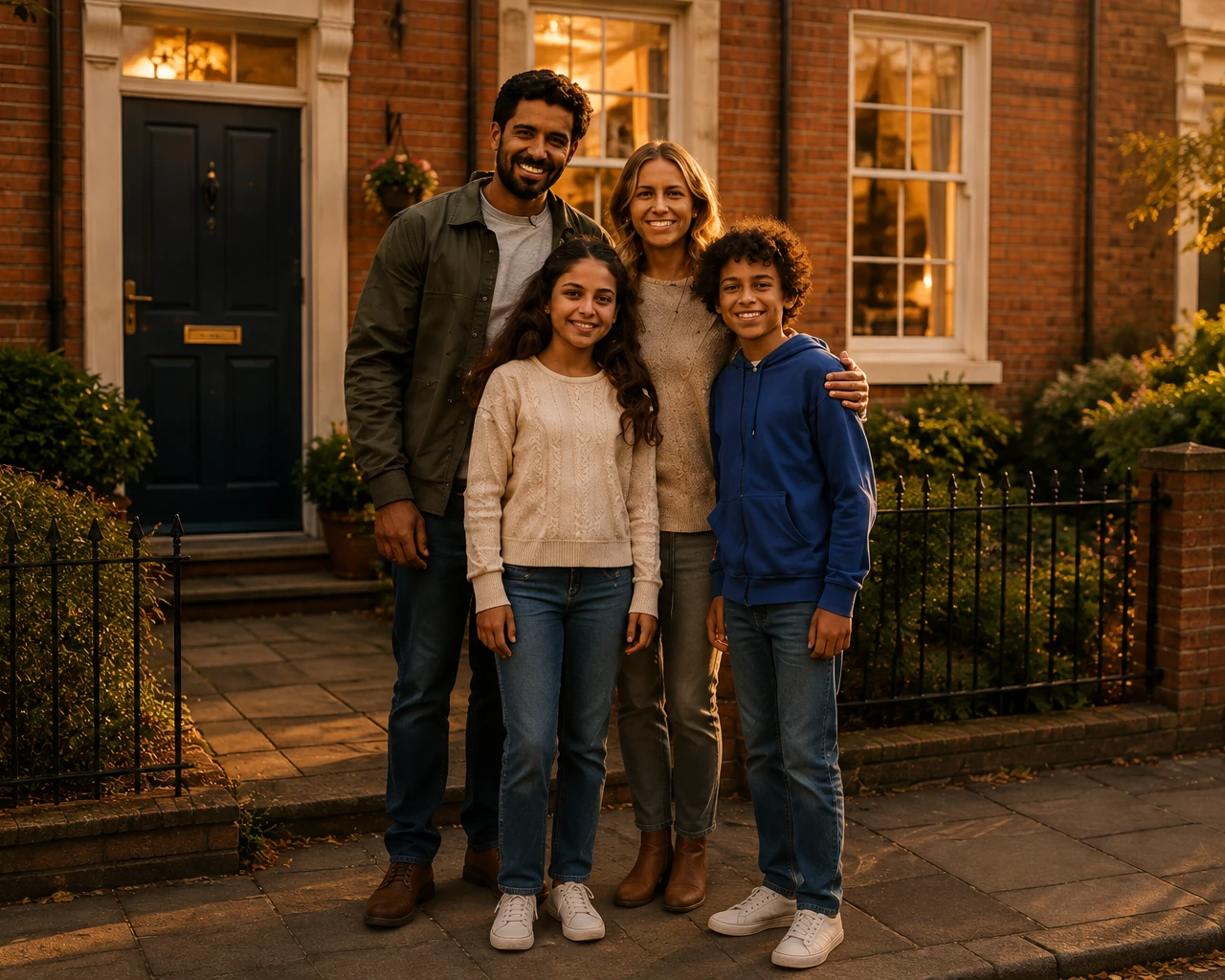 A family of four smiling together outside the navy front door of their red-brick home