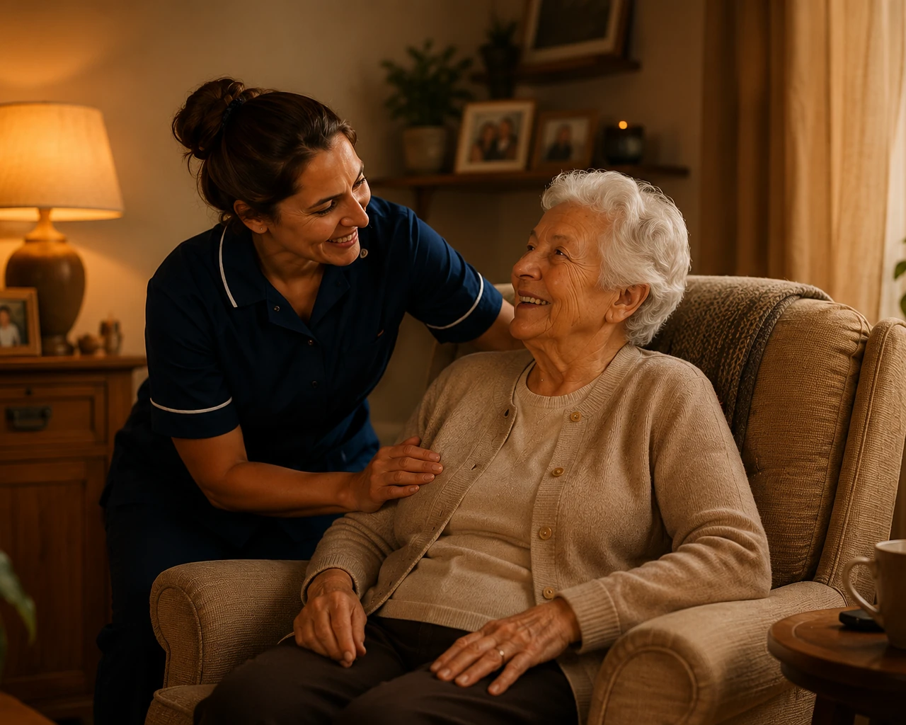 A carer in uniform resting a hand on the shoulder of an older woman seated in an armchair in a lamplit living room
